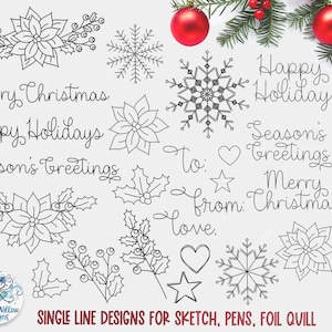 Single Line Design Christmas SVG Bundle, Foil Quill, Sketch Pens, Draw, Glowforge Score, Poinsettia SVG, Holly SVG, Merry Christmas, Flowers