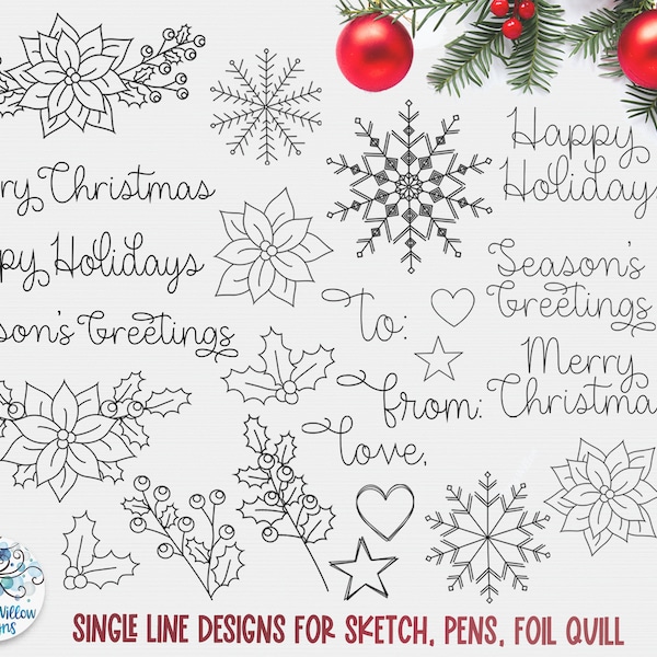 Single Line Design Christmas SVG Bundle, Foil Quill, Sketch Pens, Draw, Glowforge Score, Poinsettia SVG, Holly SVG, Merry Christmas, Flowers