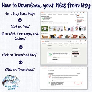 May include: An instructional graphic titled How to Download your Files from Etsy, featuring three screenshots of the Etsy website interface. The steps include clicking on You, Purchases and Reviews, Download Files, and finally the Download button.