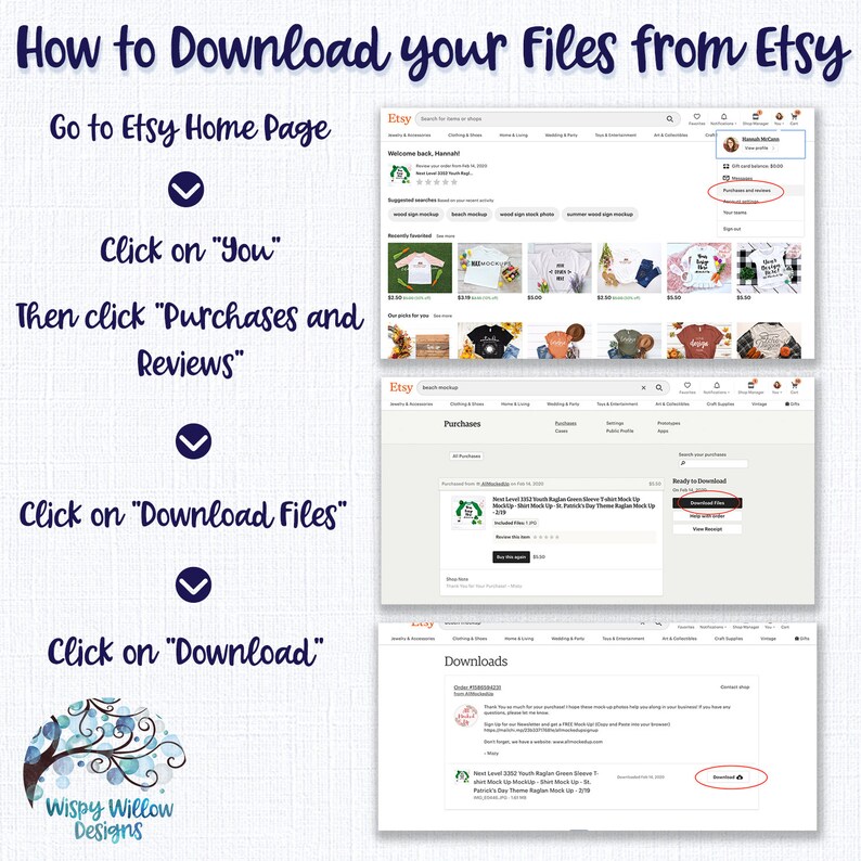 May include: An instructional graphic titled How to Download your Files from Etsy, featuring three screenshots of the Etsy website interface. The steps include clicking on You, Purchases and Reviews, Download Files, and finally the Download button.