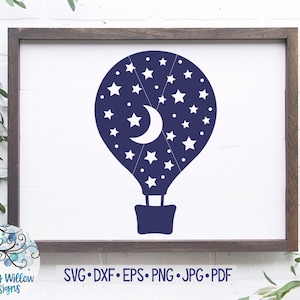 Heteluchtballon met maan en sterren SVG, heteluchtballon met sterren, nachtelijke hemel Svg, heteluchtballon stickerbestand, kinderkamer teken Svg, ballon
