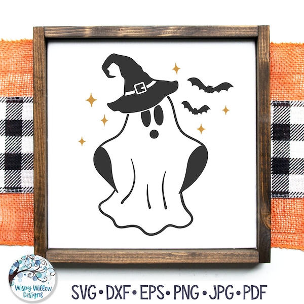 Witch Ghost SVG for Cricut, Cute Halloween Sign, Ghost with Witch Hat PNG, Spooky T-shirt Design for Fall, Vinyl Decal File for Silhouette