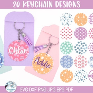 Sleutelhanger achtergrondpatroon SVG-bundel voor Cricut, gepersonaliseerde schattige ronde acryl sleutelhanger ontwerpen PNG, harten, sterren, regenbogen, pootafdrukken