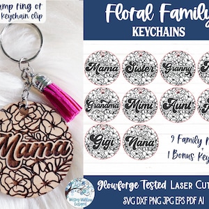 Paquete de llaveros familiares florales para Glowforge o cortador láser, archivo SVG, llaveros para mamá, regalo para abuela con flores, llavero de madera para el Día de la Madre