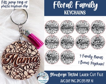 Paquete de llaveros familiares florales para Glowforge o cortadora láser. Archivo SVG. Llaveros para mamá, regalo para la abuela. Llavero de madera con flores para el Día de la Madre.