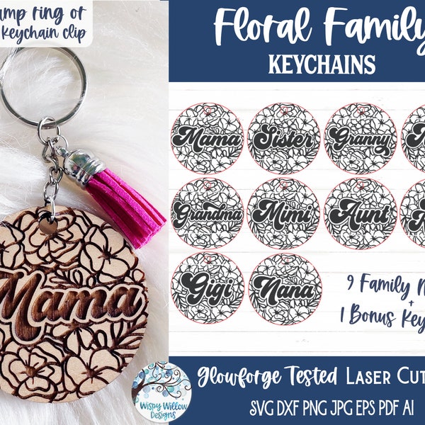 Floral Family Keychain Bundle for Glowforge or Laser Cutter SVG File Keychains for Mom Gift Grandma With Flowers Wood Keychain Mother's Day