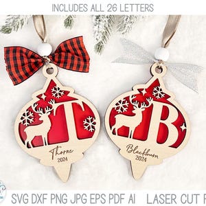 Personalized Monogram Christmas Ornament SVG Cut File Bundle, Reindeer Family Name Letter Wood Winter Holiday Ornament, Glowforge, Xtool