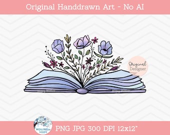 Floral Book PNG Printable, Pretty Reading Clipart with Flowers, UV DTF