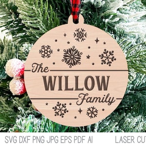 Christmas Family Ornament, SVG File for Laser Cutter, Personalized Last Name Snowflake Winter Holiday Ornament, xTool, Glowforge, Custom