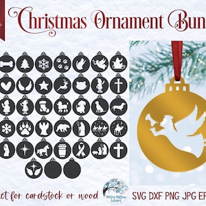 Ornement de Noël SVG Bundle pour Cricut ou Glowforge Laser, Rennes, Père Noël, Ange, Chien, Chat, Nativité, Formes d'ornement de base pour papier cartonné
