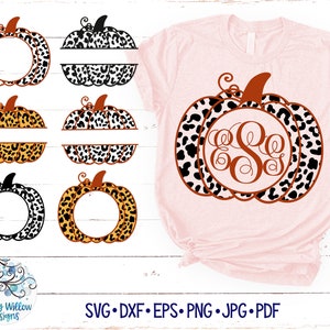 Op de afbeelding: Een lichtroze t-shirt met een grote pompoengrafiek met luipaardprint en een centraal monogram met de letters ESG. Links staan zes extra pompoenontwerpen in verschillende stijlen en kleuren luipaardprint afgebeeld.