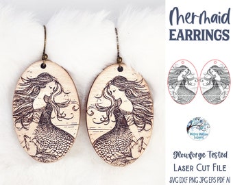 Mermaid Earrings SVG File for Glowforge or Laser Cutter, Beach Earrings for Summer, Engraved Mermaid Wood Earring Download, Ocean Jewelry