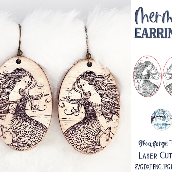 Mermaid Earrings SVG File for Glowforge or Laser Cutter, Beach Earrings for Summer, Engraved Mermaid Wood Earring Download, Ocean Jewelry