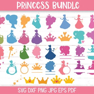 Pacote Princess SVG para Cricut, Pretty Princess Silhouette SVGs, Arquivos de corte personalizados de vinil com monograma de princesa para meninas, Queen SVG