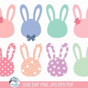 May include: Eight bunny head silhouettes in various colors and patterns. The bunny heads are pink, blue, green, light pink, pink with white hearts, peach with white stars, purple with white flowers, and green with white chevron stripes.