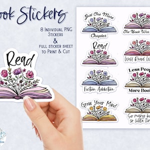 Stickers livre floral PNG, imprimables lecture autocollants, livre avec fleurs autocollants imprimables, lire Png, Cricut imprimer et découper, livre autocollants