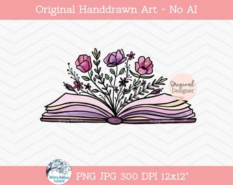 Floral Book Sublimation PNG, Book with Flowers Sublimation PNG, Book with Flowers Growing, Vintage Book, Reading, Read, Printable Book Art
