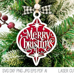 Frohe Weihnachten Ornament SVG-Datei für Glowforge oder Laser Cutter, Winter Urlaub, Schicht Weihnachtsverzierung, Laser Cut Datei, AI, DXF,Svg