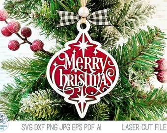 Merry Christmas Ornament SVG File for Glowforge or Laser Cutter, Winter Holiday, Layered Christmas Ornament, Laser Cut File, AI, DXF, Svg