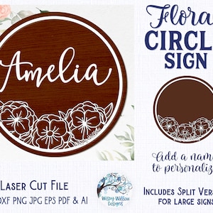 Floral Circle Sign for Glowforge or Laser Cutter, Floral Sign SVG, Flowers, Nursery Sign, Circle with Flowers, Sign with Flowers for Laser