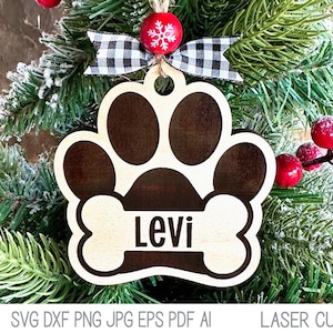 Paw Print ornament SVG-bestand voor Glowforge of Laser Cutter, gepersonaliseerde hondenpoot met bot kerstornament, huisdier Laser Xtool graveerbestand