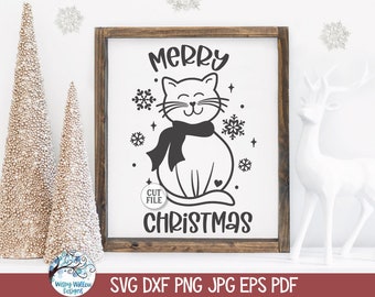 Merry Christmas Cat SVG for Cricut, Cute Christmas Animal for Kids, Winter Cat Shirt PNG, Pet Ornament Design, Vinyl Decal File Download