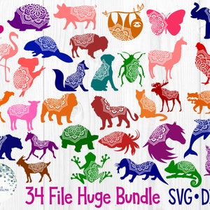 34 File Enorme Pacchetto, SVG, DXF, Mandala Animale, Mandala, Bradipo, Lama, Elefante, Fenicottero, Maiale, Gatto, Cane, Bisonte, Alce, Sirena, Volpe, Gufo