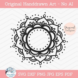 Könnte beinhalten: Eine schwarz-weiße digitale Grafik eines kreisförmigen Mandala-Designs mit komplexen blütenblattartigen Schichten und einem gepunkteten Zentrum. Das Bild enthält den Text Original Handdrawn Art - No AI, Original Designer, Wispy Willow Designs und SVG DXF PNG JPG EPS PDF.