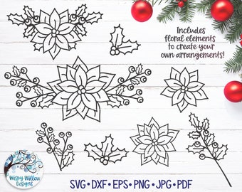 Christmas Flowers SVG for Cricut, Poinsettia Png, Holly, Winter Berries, Winter Branch, Winter Flowers, Floral Christmas Vinyl Decal File
