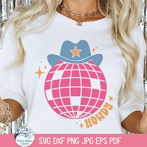Cowboyhut Disco Ball SVG für Cricut, Retro Groovy County Western Line Dancing PNG, Howdy Shirt Design JPG, Cowgirl Vinyl Aufkleber Cut File