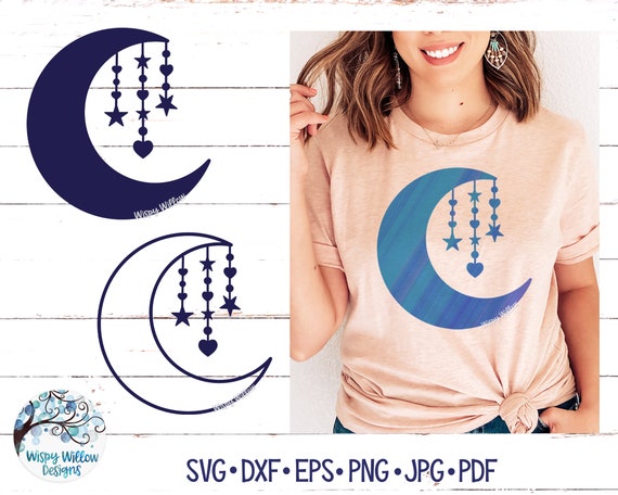 Moon with Hanging Stars SVG, Moon with Stars SVG, Boho Moon SVG,  Nursery Svg, Baby Svg, Moon, Celestial, Moon Png, Cricut, Moon Decal File