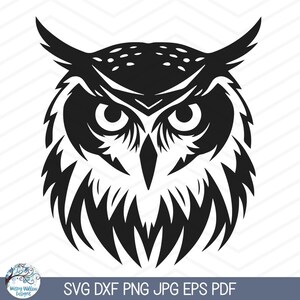 May include: Black and white silhouette of an owl's face with detailed feathers and sharp eyes.