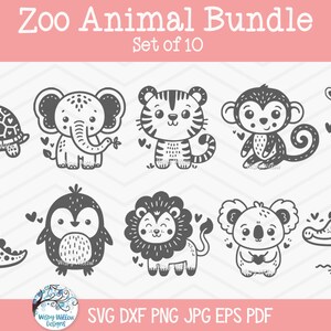 Op de afbeelding: Een set van 10 zwart-wit illustraties van schattige dieren uit de dierentuin, waaronder een schildpad, een olifant, een tijger, een aap, een giraffe, een dinosaurus, een pinguïn, een leeuw, een koala en een alligator. De illustraties zijn in een eenvoudige, cartoonachtige stijl en zijn perfect voor gebruik in knutselwerk, scrapbooking of digitale projecten.