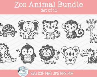 Pacote Zoo Safari Animal SVG para Cricut, Cute Baby Shower PNG, Tartaruga, Elefante, Tigre, Macaco, Girafa, Pinguim, Leão, Coala, Jacaré