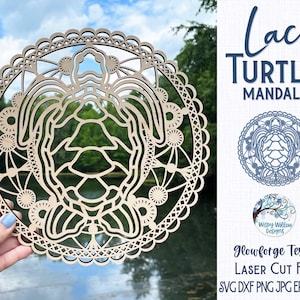 Mandala de tortuga de encaje para Glowforge o cortador láser SVG, tortuga marina de verano, decoración de pared de animales, adorno colgante, archivo láser de mandala de madera, AI