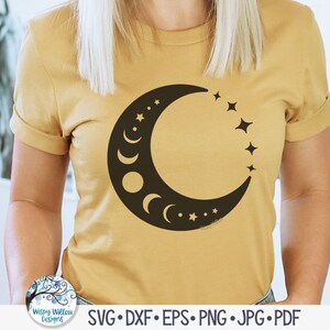 Crescent Moon with Moon Phases and Stars SVG, Celestial Witch, Mystical Boho Shirt Png, Magical Moon Phase Dxf, Cricut Vinyl Decal Cut File