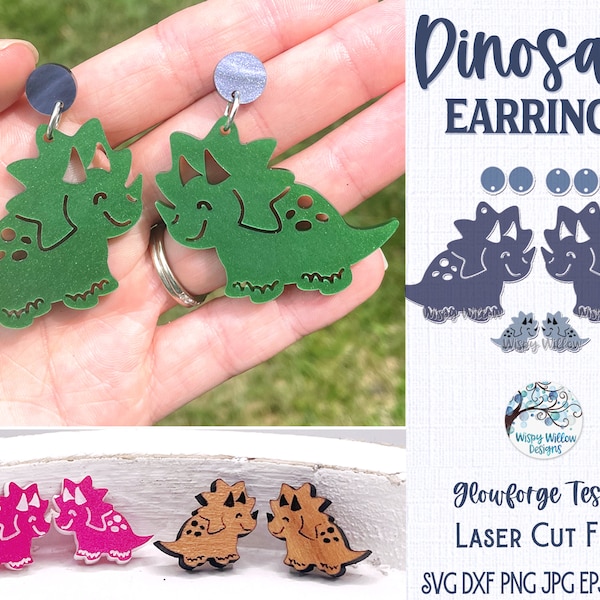 Dinosaur Earring File SVG, Glowforge and Laser Cutter, Triceratops Dangle and Stud Earring, Cute Dino Jewelry, Laser Cut Earring File AI Dxf