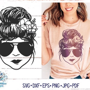 Messy Bun SVG for Cricut, Mom Silhouette, Messy Hair Bun with Flowers and Sunglasses Svg, Sassy Lady Portrait PNG, Vinyl Decal Cut File