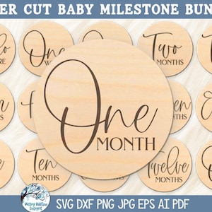Lot de bébé jalon SVG pour découpeuse laser Glowforge ou Xtool, tours d'étape en bois gravés mensuels, bonjour, un mois, une semaine, un an