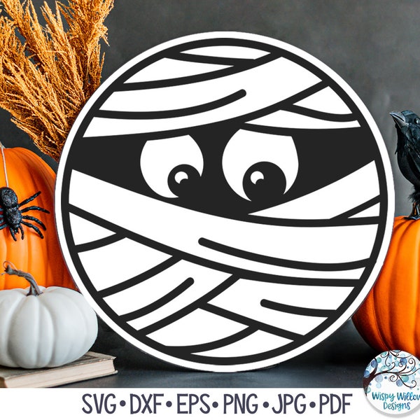 Round Mummy SVG for Cricut, Halloween Round Sign Design, Cute Mummy Face Door Hanger, Vinyl Decal File for Silhouette