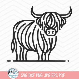 Cricut 用ハイランド牛 SVG、かわいい長毛牛 PNG、農場動物クリップアート JPG、ビニール デカール カット ファイル、ハイランド牛線画