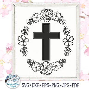 Cross with Flowers SVG Cut File for Cricut, Christian Cross with Oval Frame Flowers SVG, Floral Religious Cross PNG, Pretty Jesus Cross