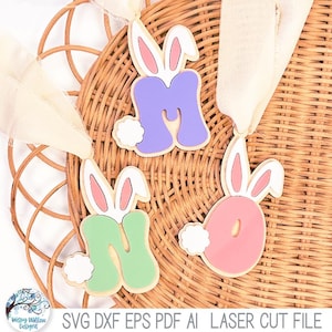 Easter Bunny Monogram Letter SVG-bestand voor lasersnijder, Easter Basket Tag, lente konijn oor alfabet lettertype, lente lasergesneden ontwerp voor kinderen