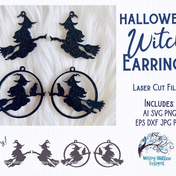 Halloween Witch Earring File for Glowforge or Laser Cutter, Halloween Earring, Witch on Broom Earring SVG, Fall, Laser Cut Earring File
