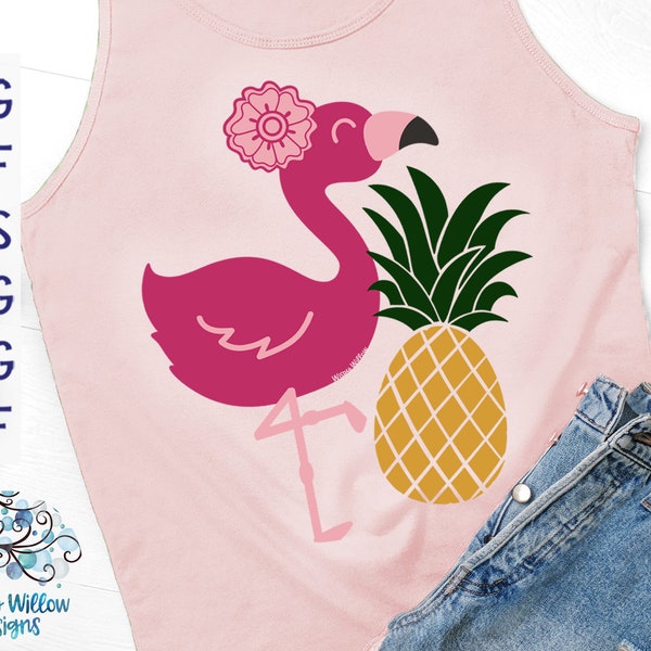 Flamant rose avec ananas SVG, chemise d'été SVG, Svg flamant rose, ananas Svg, flamant rose avec fleur, été SVG, fichier vinyle autocollant, Svg tropical