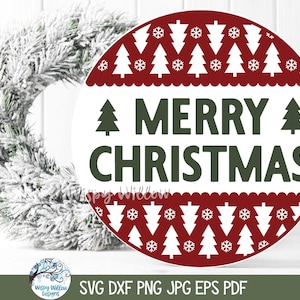 May include: A circular sign featuring the text MERRY CHRISTMAS in dark green letters, flanked by two small green trees. The top and bottom borders display a repeating pattern of white Christmas trees and snowflakes on a deep red background.