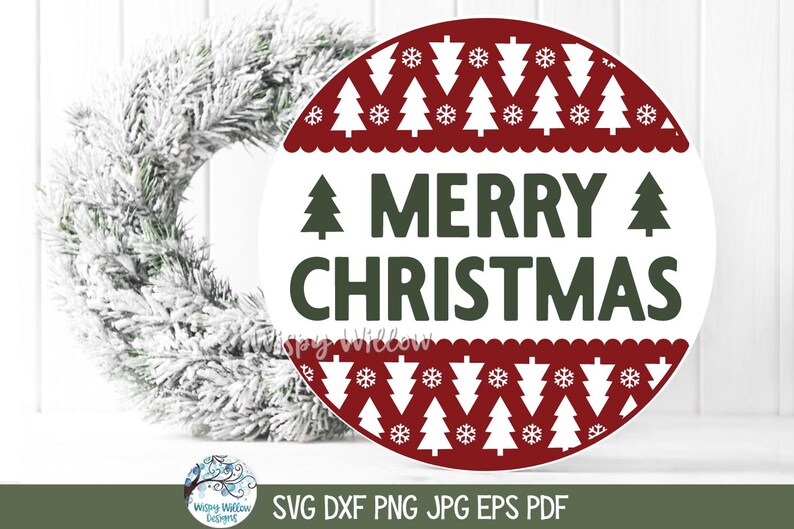 May include: A circular sign featuring the text MERRY CHRISTMAS in dark green letters, flanked by two small green trees. The top and bottom borders display a repeating pattern of white Christmas trees and snowflakes on a deep red background.