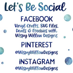K&ouml;nnte beinhalten: Eine blaue und wei&szlig;e Aquarellgrafik mit dem Text "Let's Be Social" und Social-Media-Informationen f&uuml;r Wispy Willow Designs, darunter Facebook, Pinterest und Instagram.