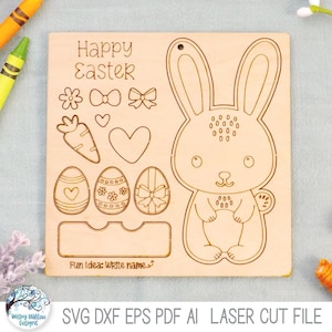 Kit fai da te per bambini coniglietto pasquale con file SVG per laser cutter, etichetta per cestino pasquale da colorare, simpatico coniglio primaverile Glowforge, xTool