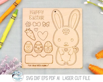 May include: A square wooden craft board featuring laser-engraved outlines of a rabbit, three Easter eggs, a carrot, a flower, two bows, and two hearts. The text reads Happy Easter and Fun Idea: Write name. A small hole is at the top center.